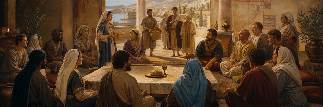 A diverse house church praying and speaking as all gather around one loaf and one cup
